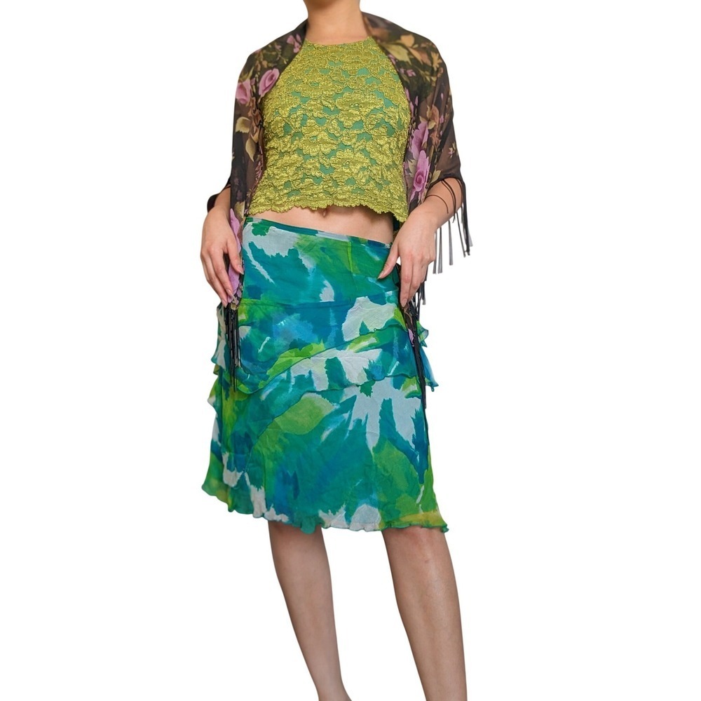 Edward VTG Y2K Maximalism Whimsy Teal & Green Layered Ruffle Silk Skirt